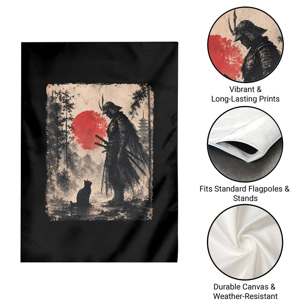 Vintage Japanese Samurai Warrior and Black Cat Garden Flag