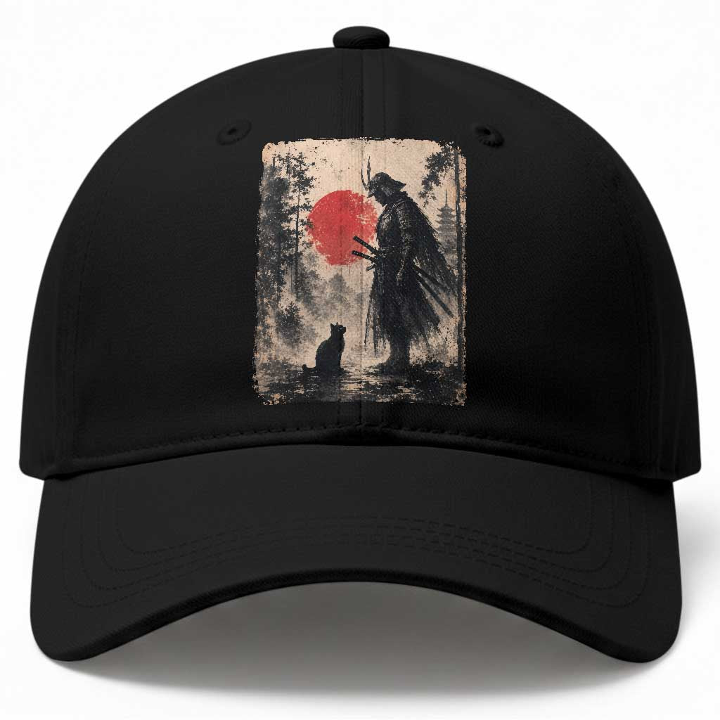 Vintage Japanese Samurai Warrior and Black Cat Baseball Cap