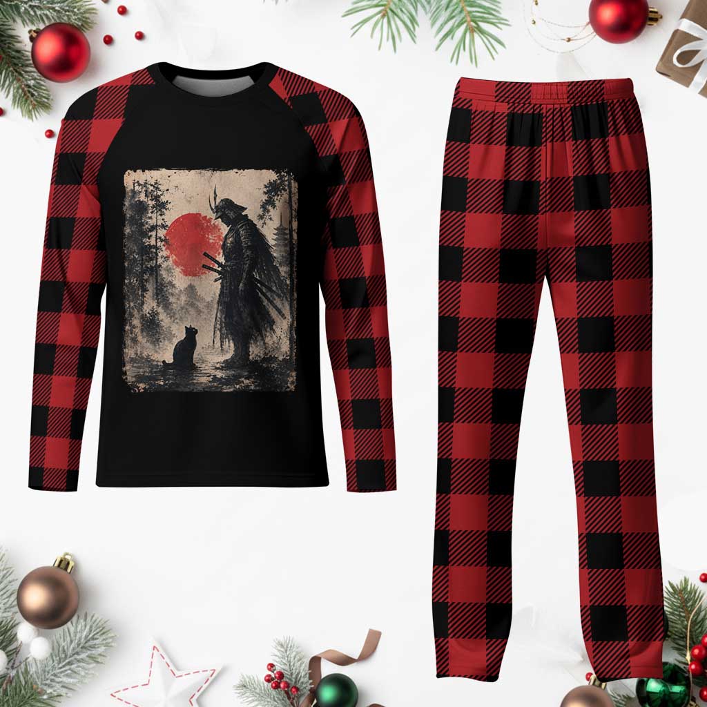 Vintage Japanese Samurai Warrior and Black Cat Plaid Pajama Set