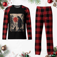 Vintage Japanese Samurai Warrior and Black Cat Plaid Pajama Set