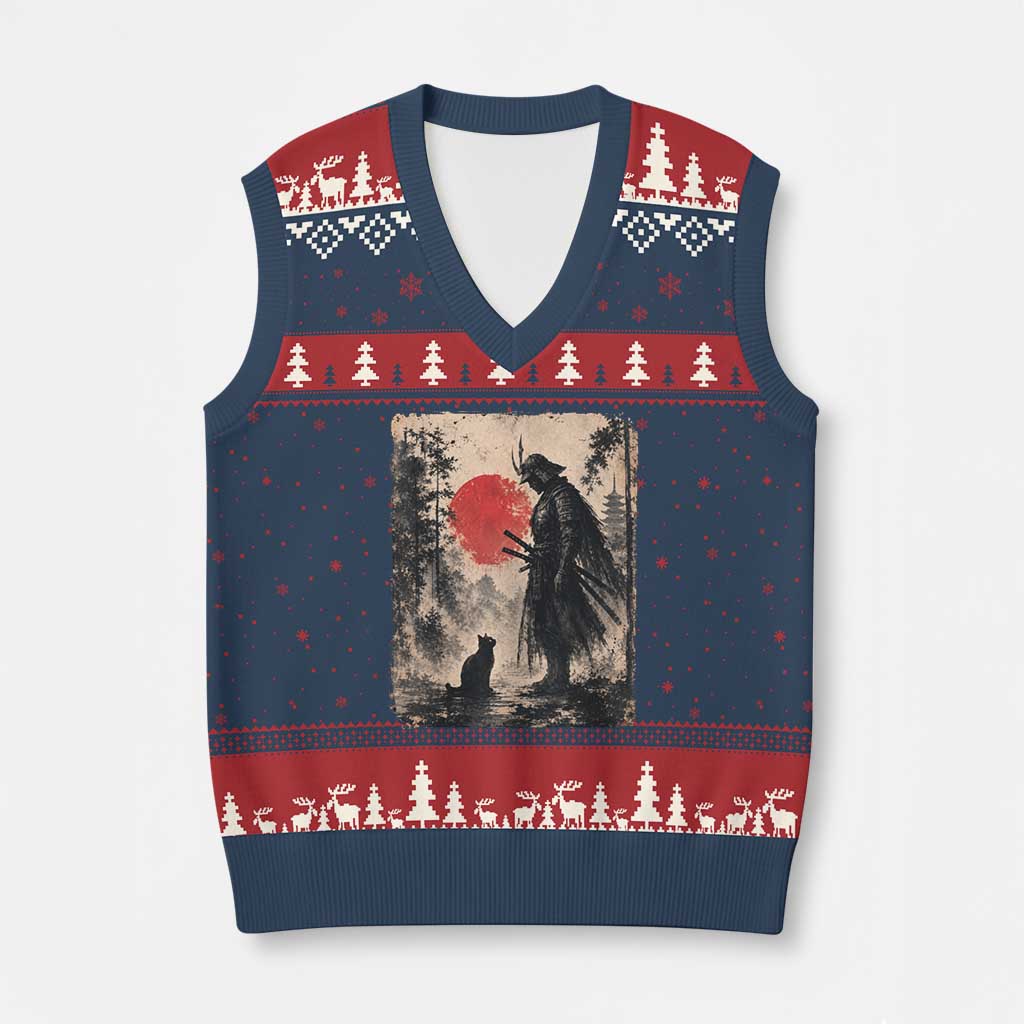 Vintage Japanese Samurai Warrior and Black Cat V-Neck Knit Sweater Vest