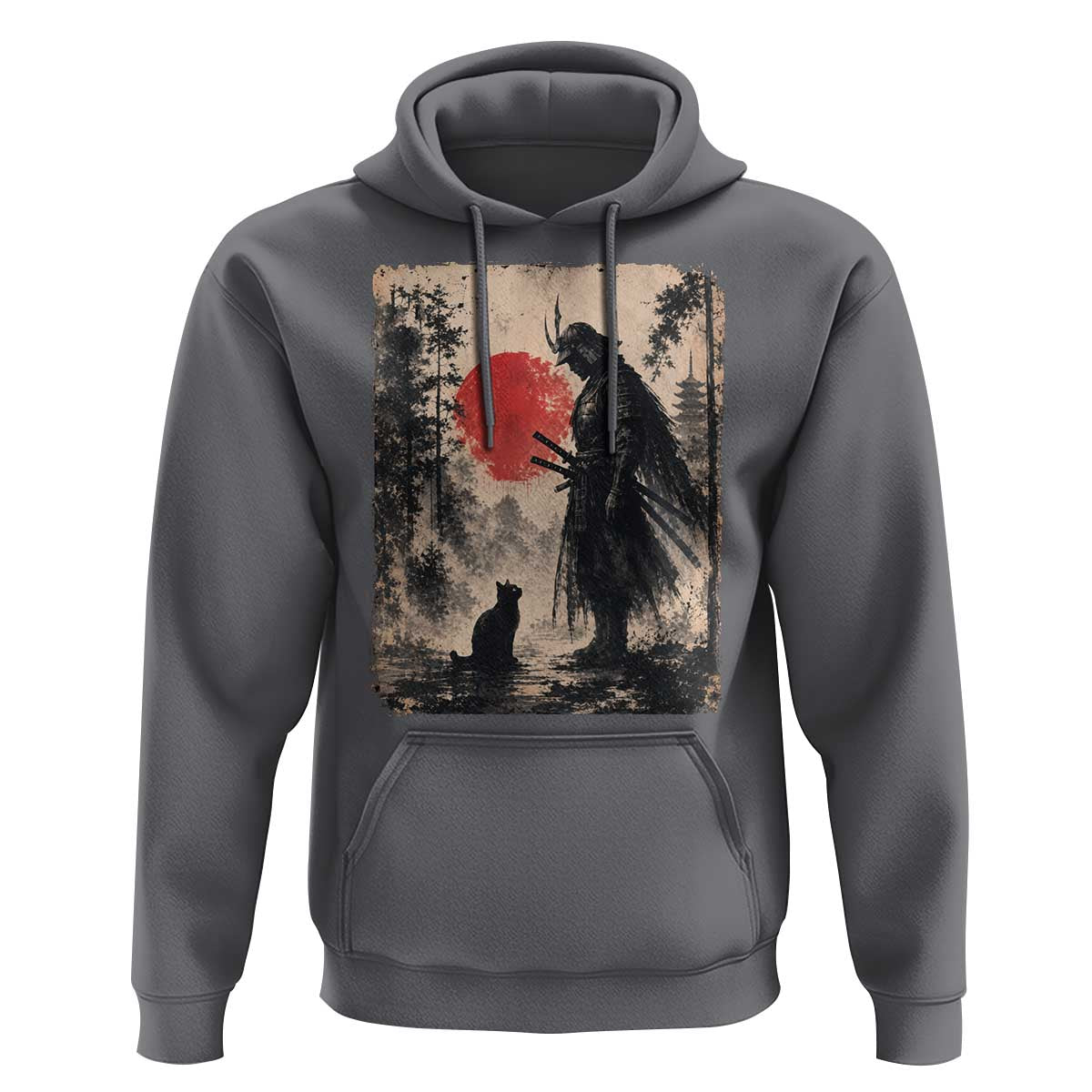Vintage Japanese Samurai Warrior and Black Cat Hoodie