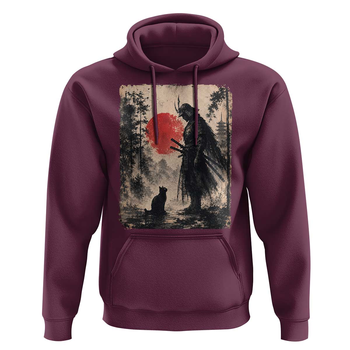 Vintage Japanese Samurai Warrior and Black Cat Hoodie