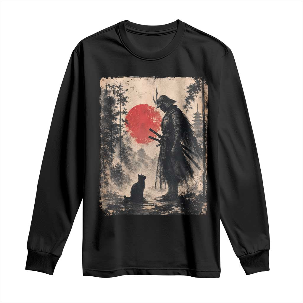 Vintage Japanese Samurai Warrior and Black Cat Long Sleeve Shirt