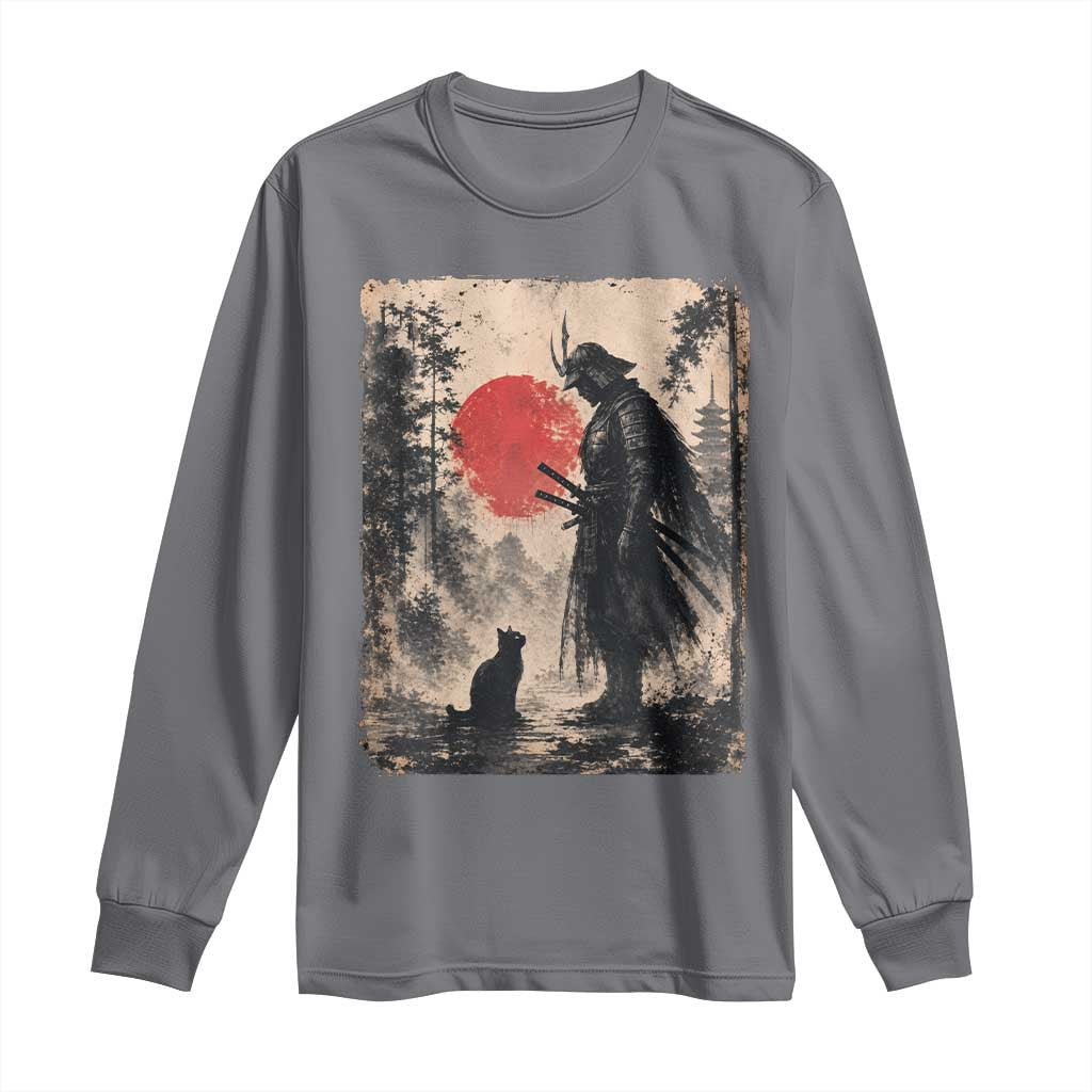 Vintage Japanese Samurai Warrior and Black Cat Long Sleeve Shirt