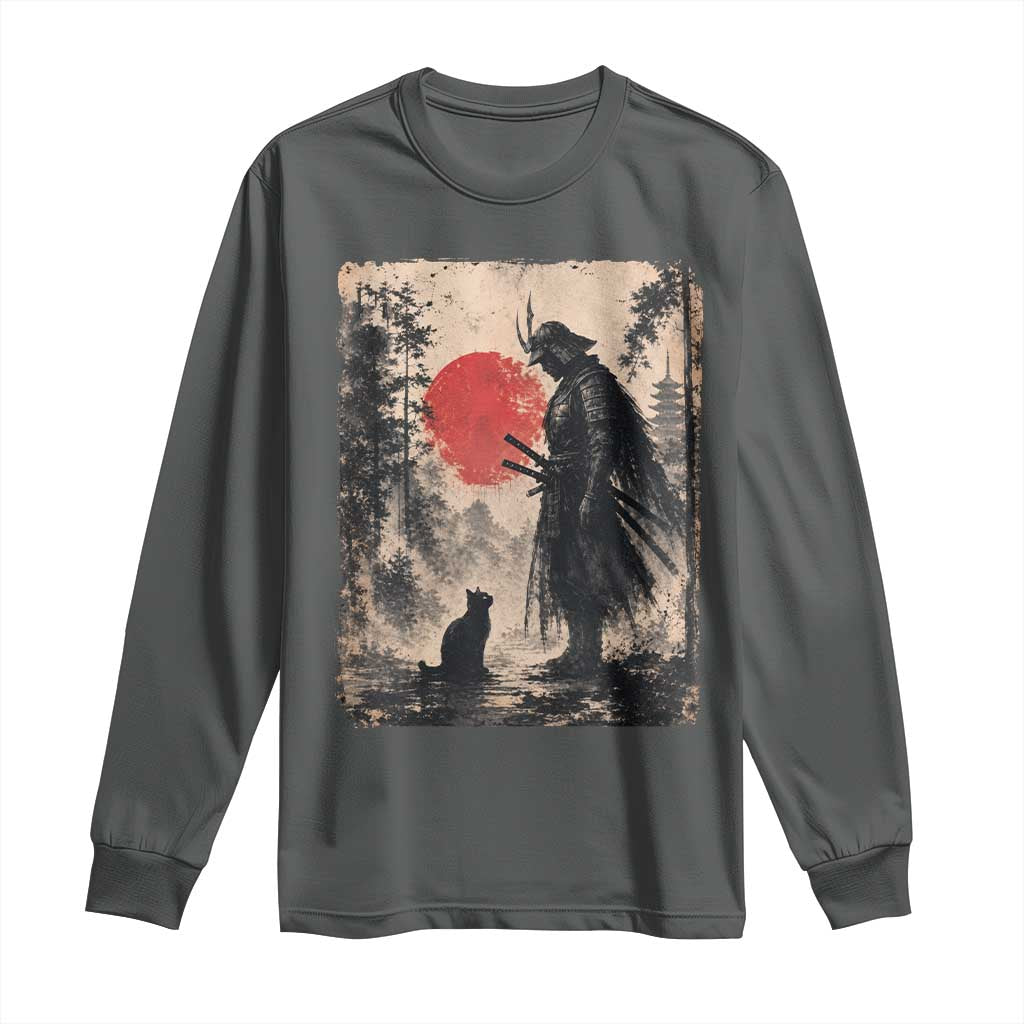 Vintage Japanese Samurai Warrior and Black Cat Long Sleeve Shirt
