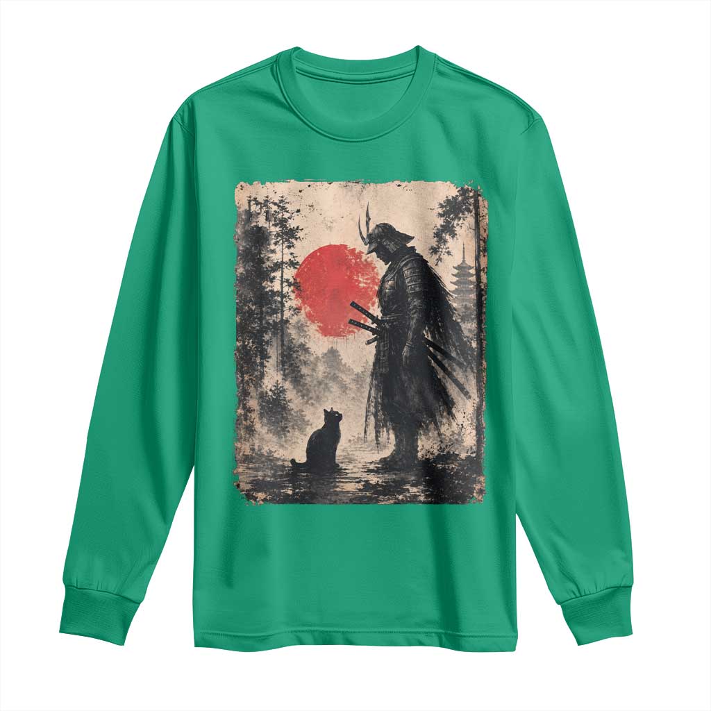 Vintage Japanese Samurai Warrior and Black Cat Long Sleeve Shirt