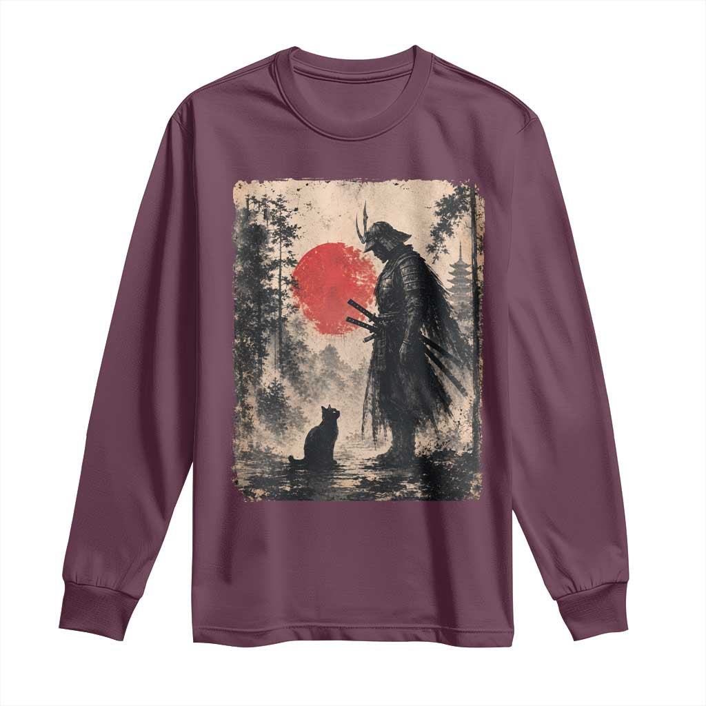 Vintage Japanese Samurai Warrior and Black Cat Long Sleeve Shirt