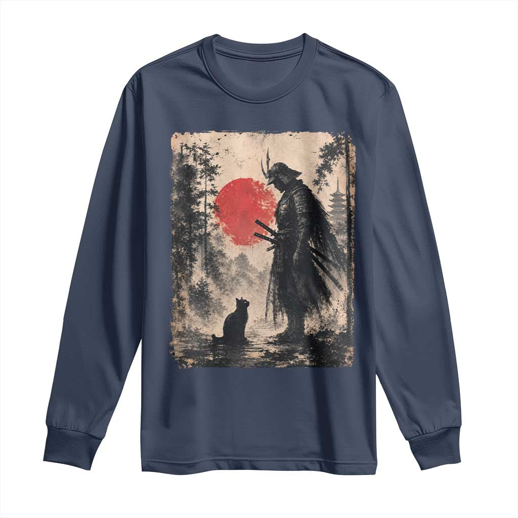 Vintage Japanese Samurai Warrior and Black Cat Long Sleeve Shirt