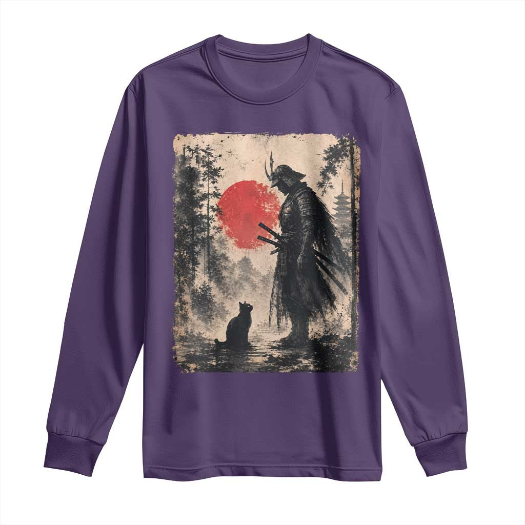 Vintage Japanese Samurai Warrior and Black Cat Long Sleeve Shirt