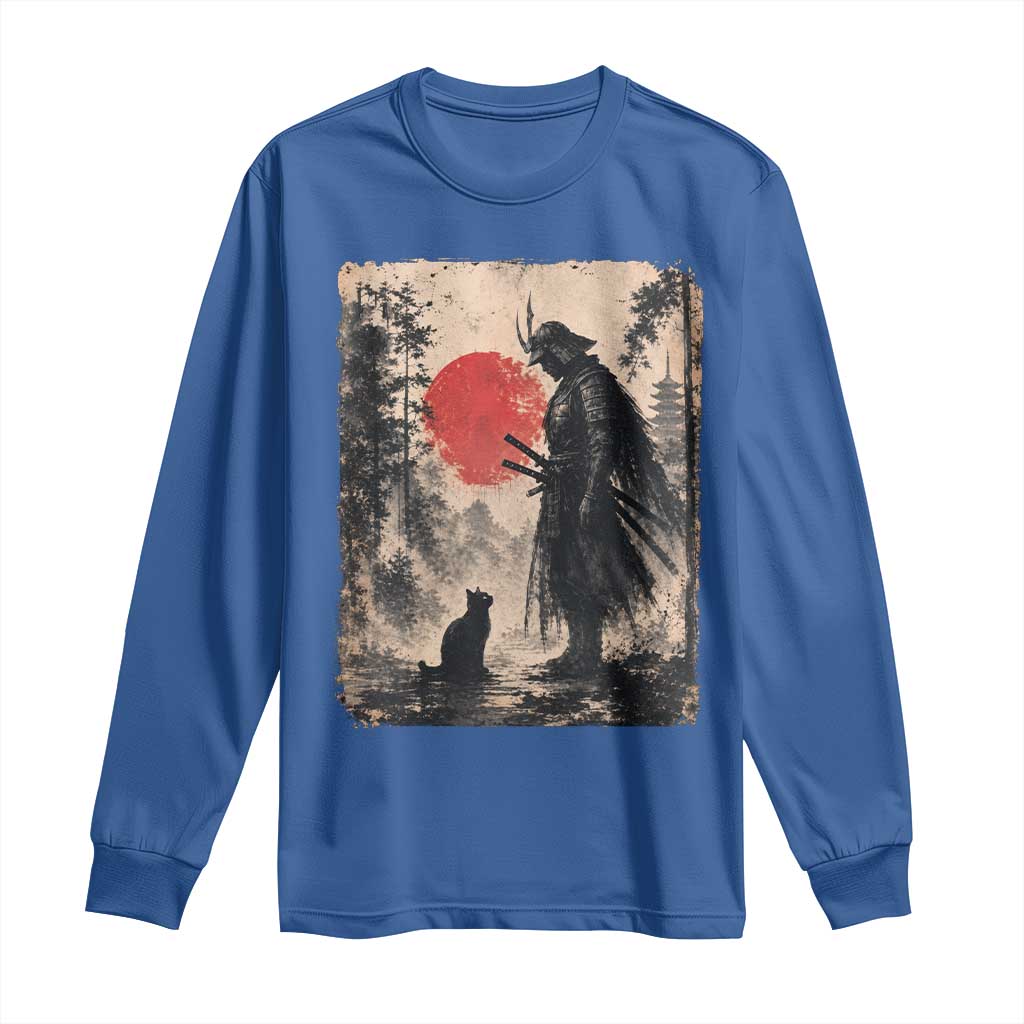 Vintage Japanese Samurai Warrior and Black Cat Long Sleeve Shirt