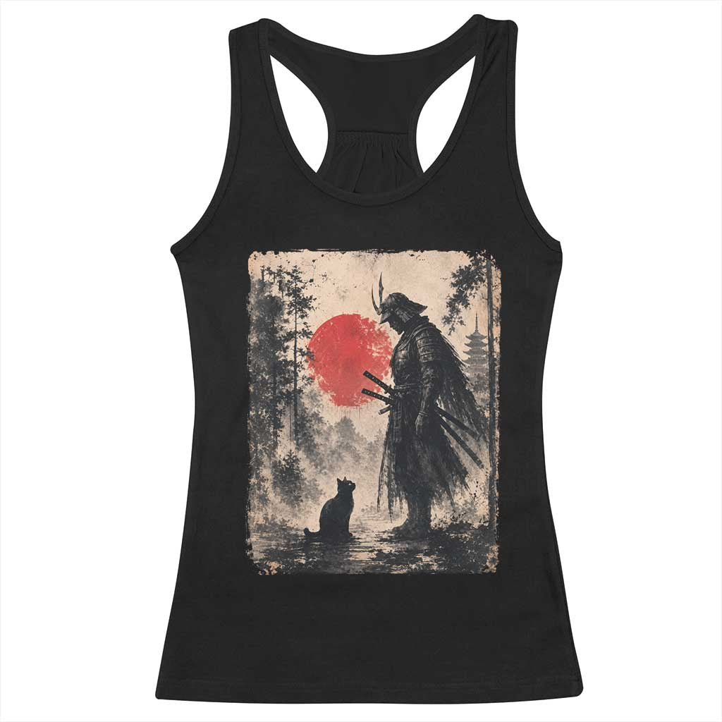 Vintage Japanese Samurai Warrior and Black Cat Racerback Tank Top