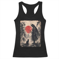 Vintage Japanese Samurai Warrior and Black Cat Racerback Tank Top
