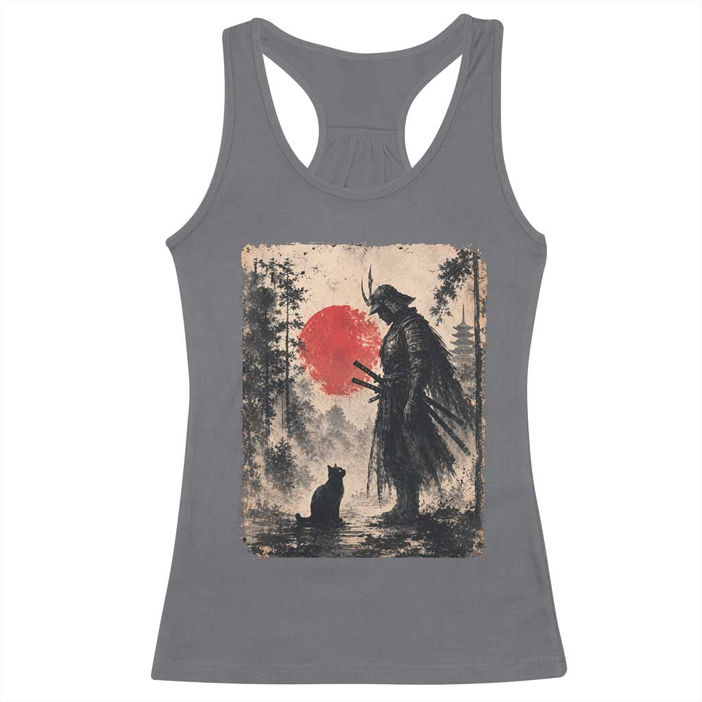 Vintage Japanese Samurai Warrior and Black Cat Racerback Tank Top