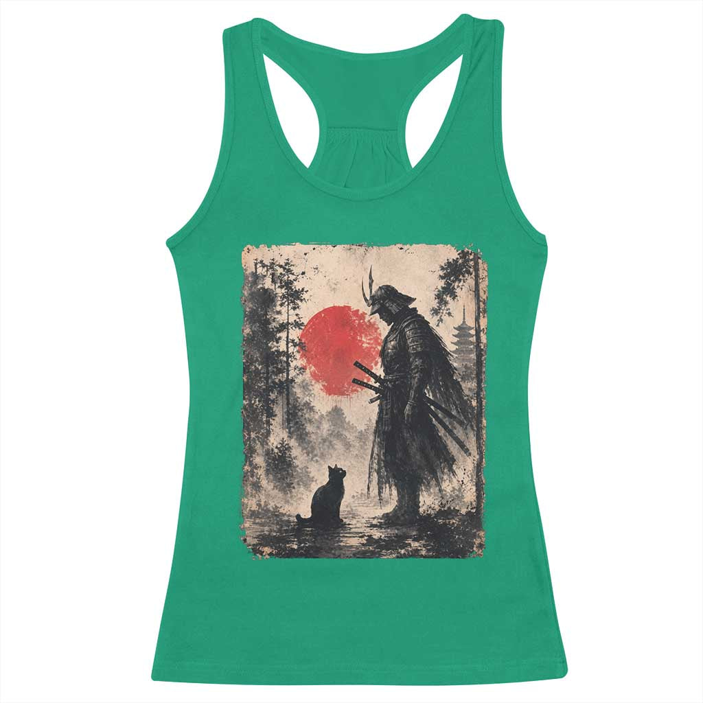 Vintage Japanese Samurai Warrior and Black Cat Racerback Tank Top
