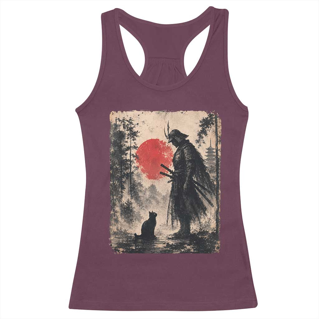 Vintage Japanese Samurai Warrior and Black Cat Racerback Tank Top