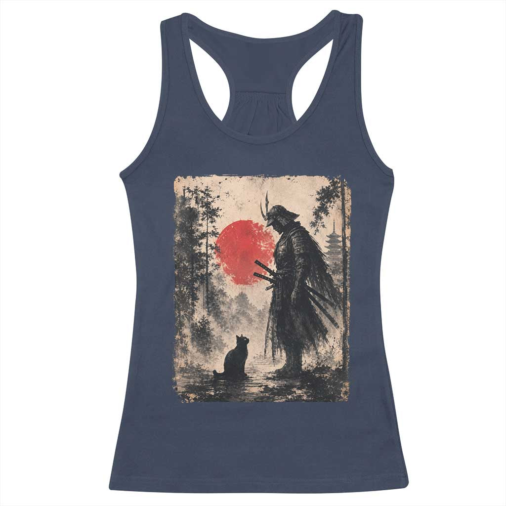 Vintage Japanese Samurai Warrior and Black Cat Racerback Tank Top