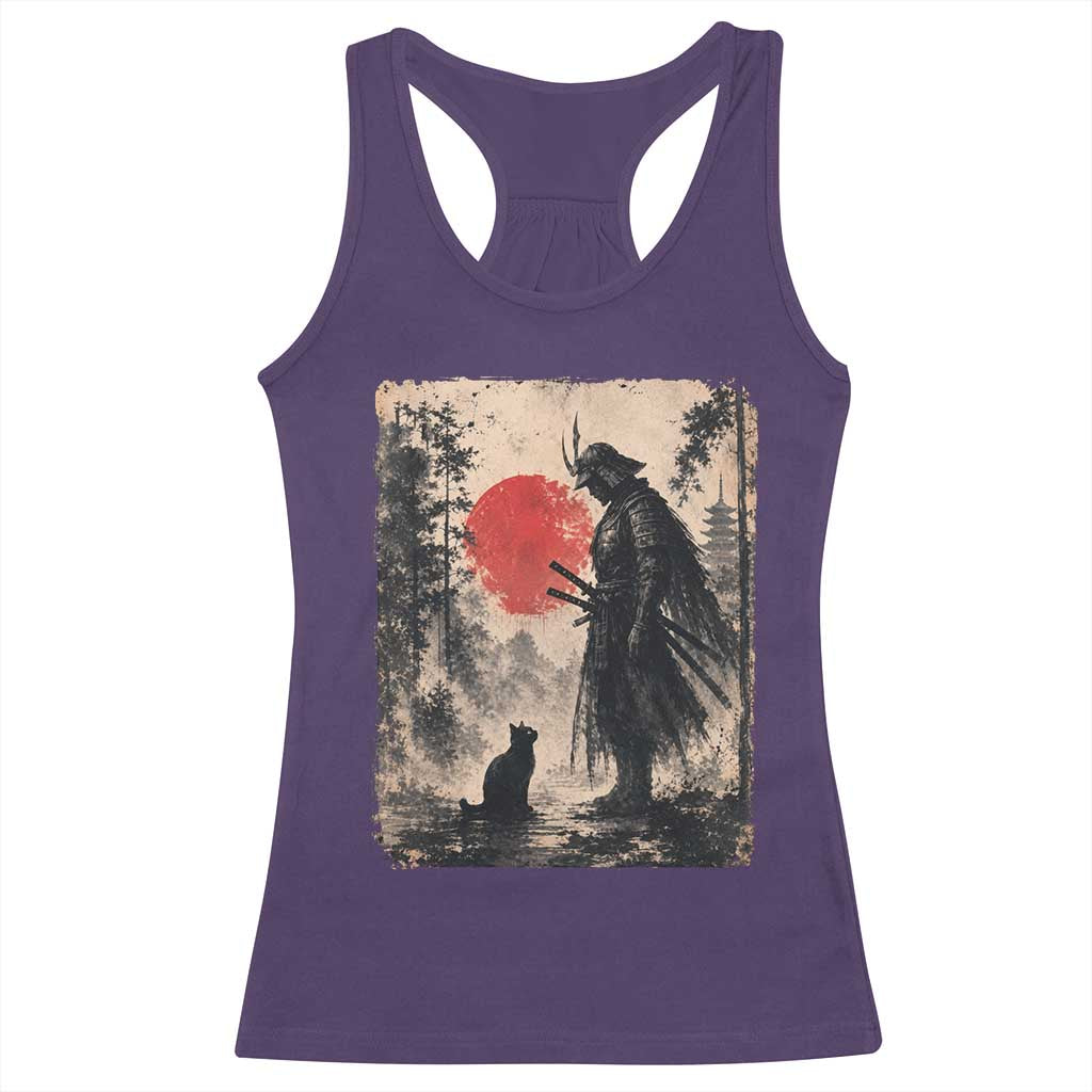Vintage Japanese Samurai Warrior and Black Cat Racerback Tank Top