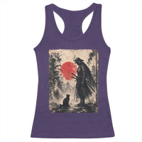Vintage Japanese Samurai Warrior and Black Cat Racerback Tank Top