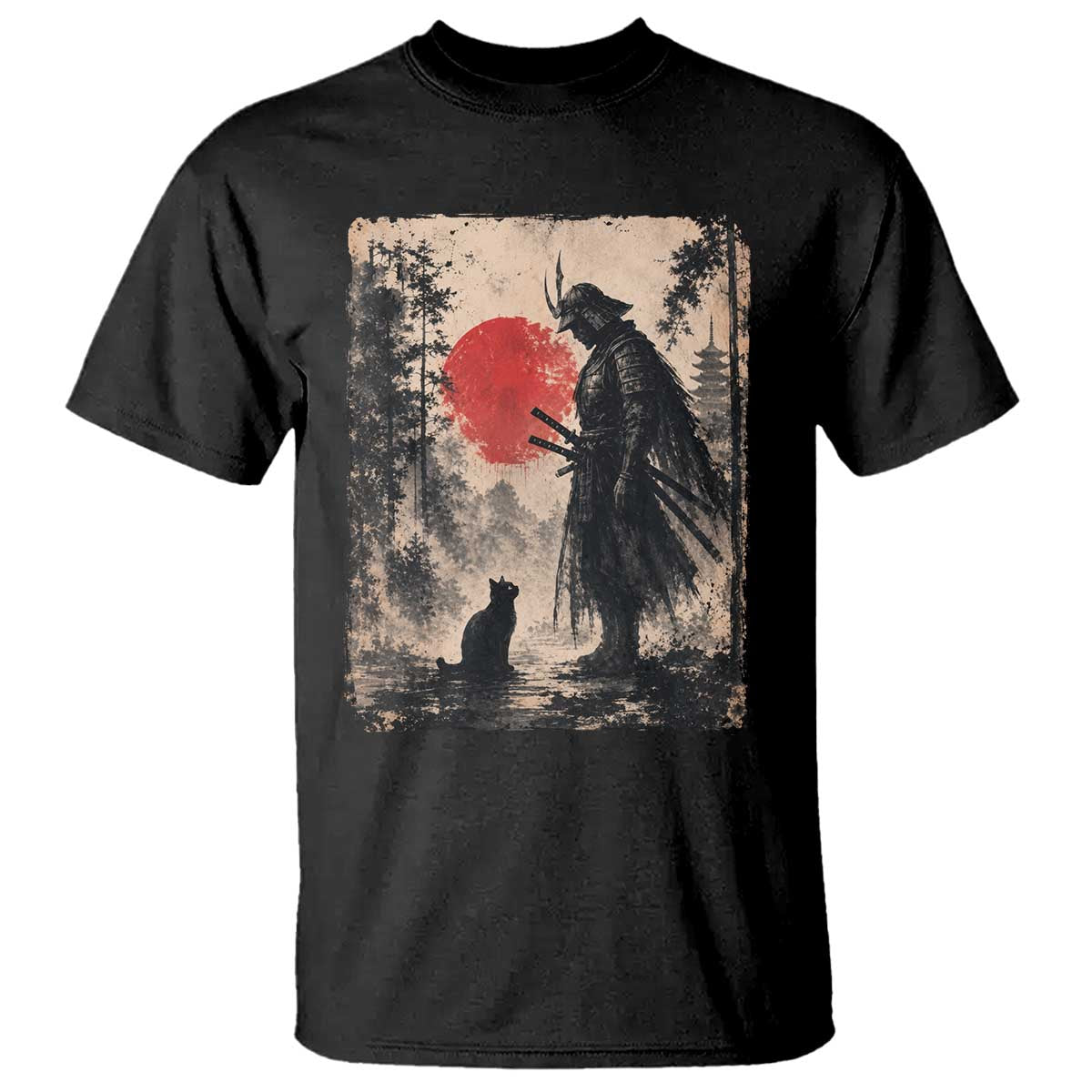 Vintage Japanese Samurai Warrior and Black Cat T Shirt
