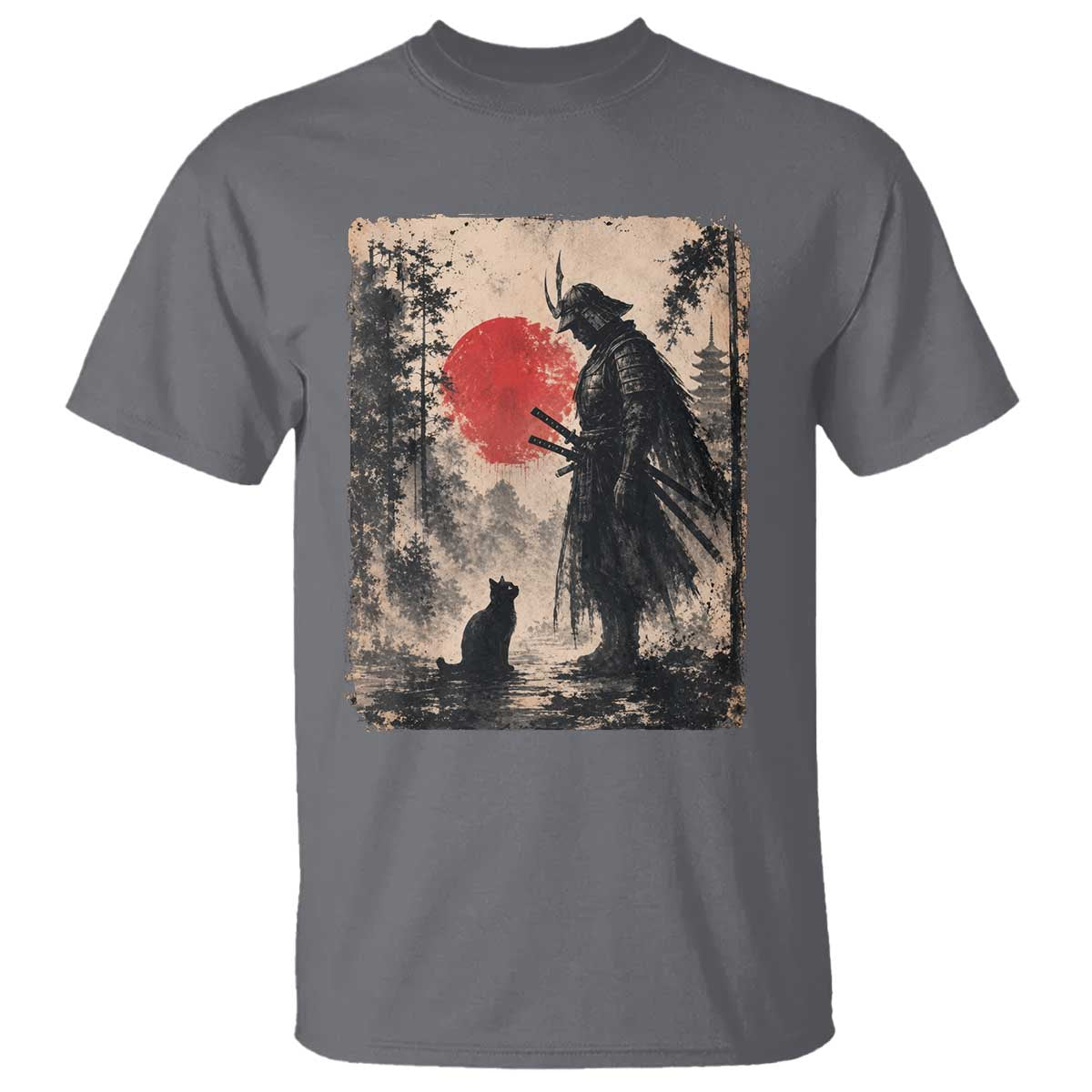 Vintage Japanese Samurai Warrior and Black Cat T Shirt