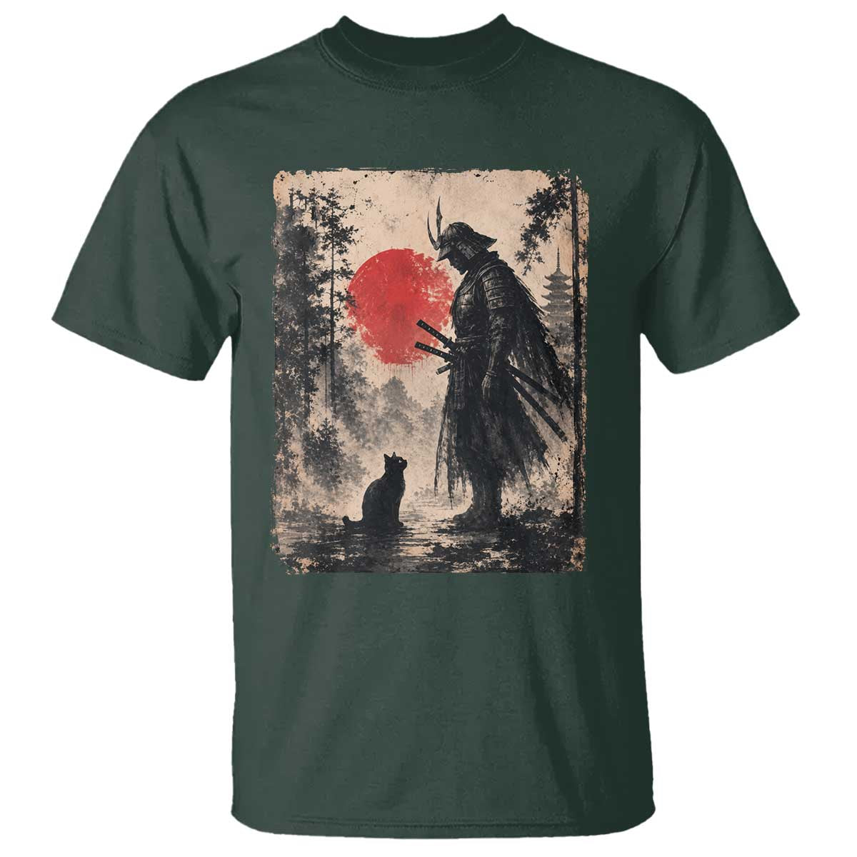 Vintage Japanese Samurai Warrior and Black Cat T Shirt