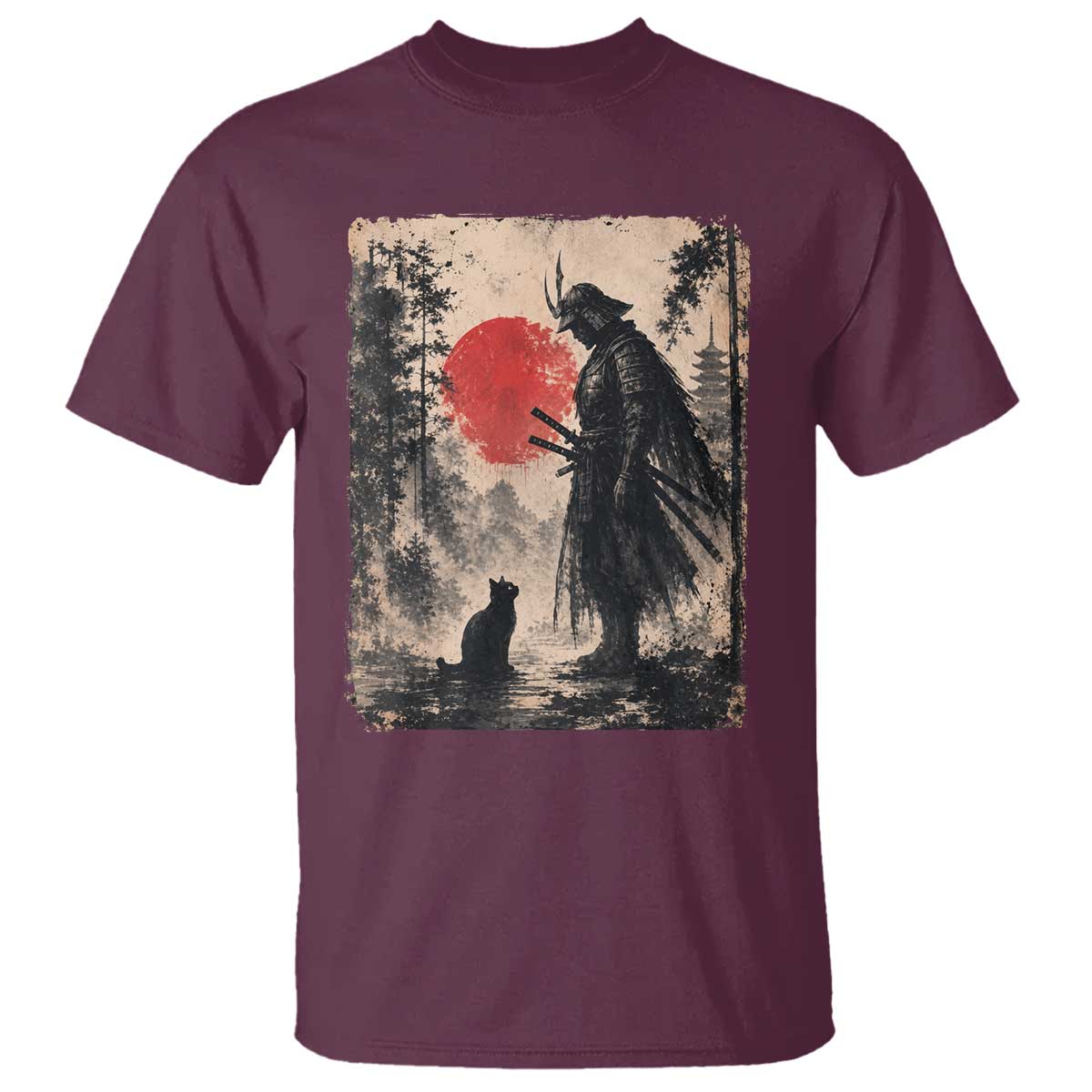 Vintage Japanese Samurai Warrior and Black Cat T Shirt