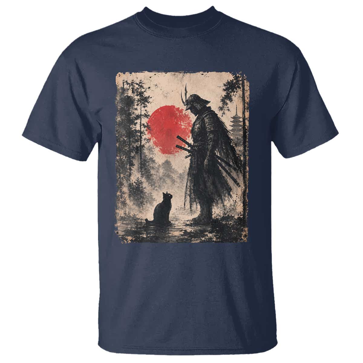 Vintage Japanese Samurai Warrior and Black Cat T Shirt