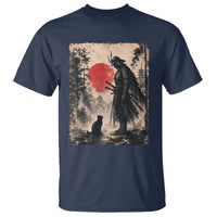 Vintage Japanese Samurai Warrior and Black Cat T Shirt