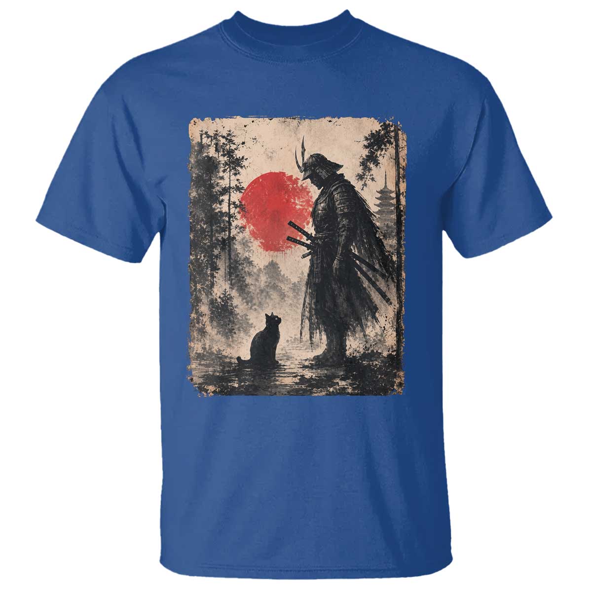Vintage Japanese Samurai Warrior and Black Cat T Shirt