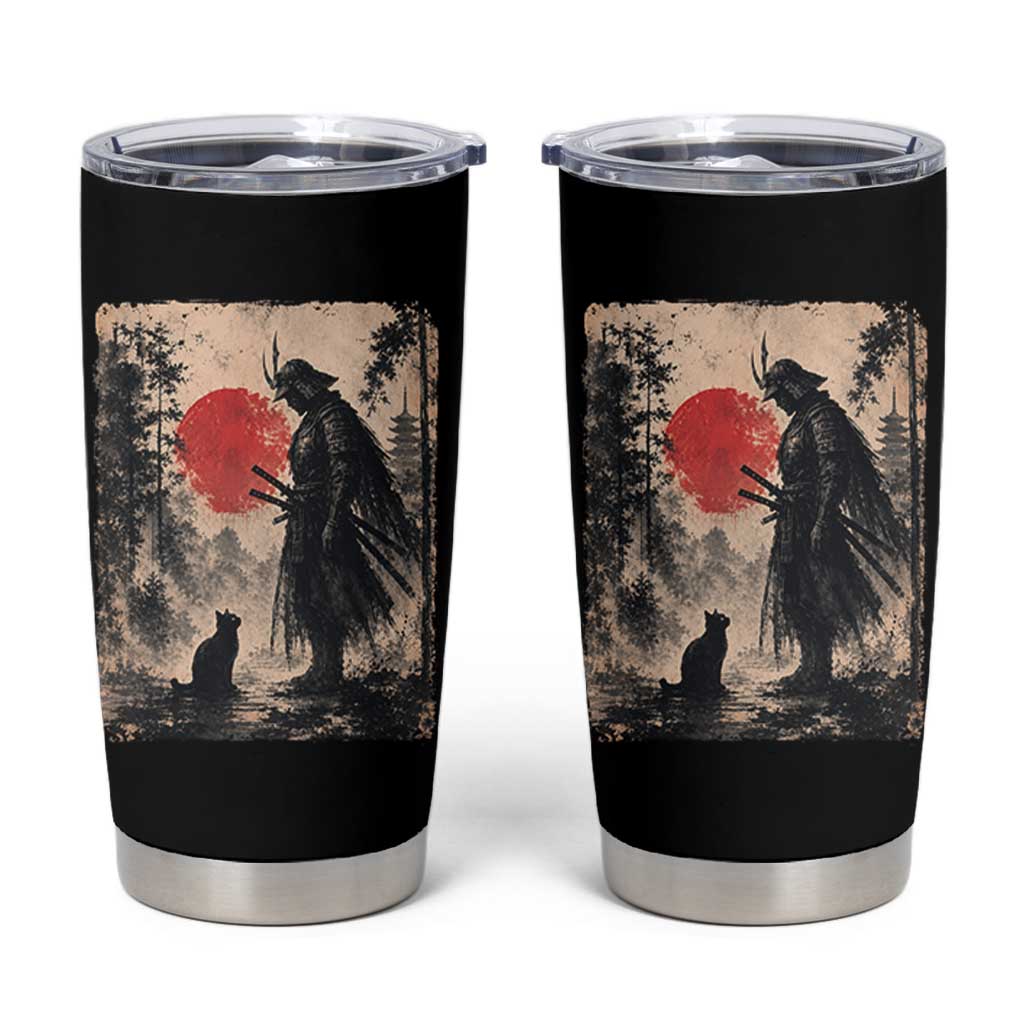 Vintage Japanese Samurai Warrior and Black Cat Tumbler Cup
