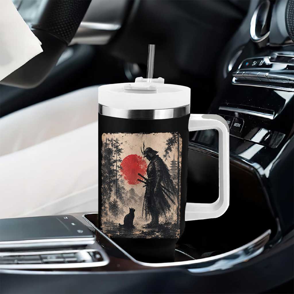 Vintage Japanese Samurai Warrior and Black Cat Tumbler With Handle