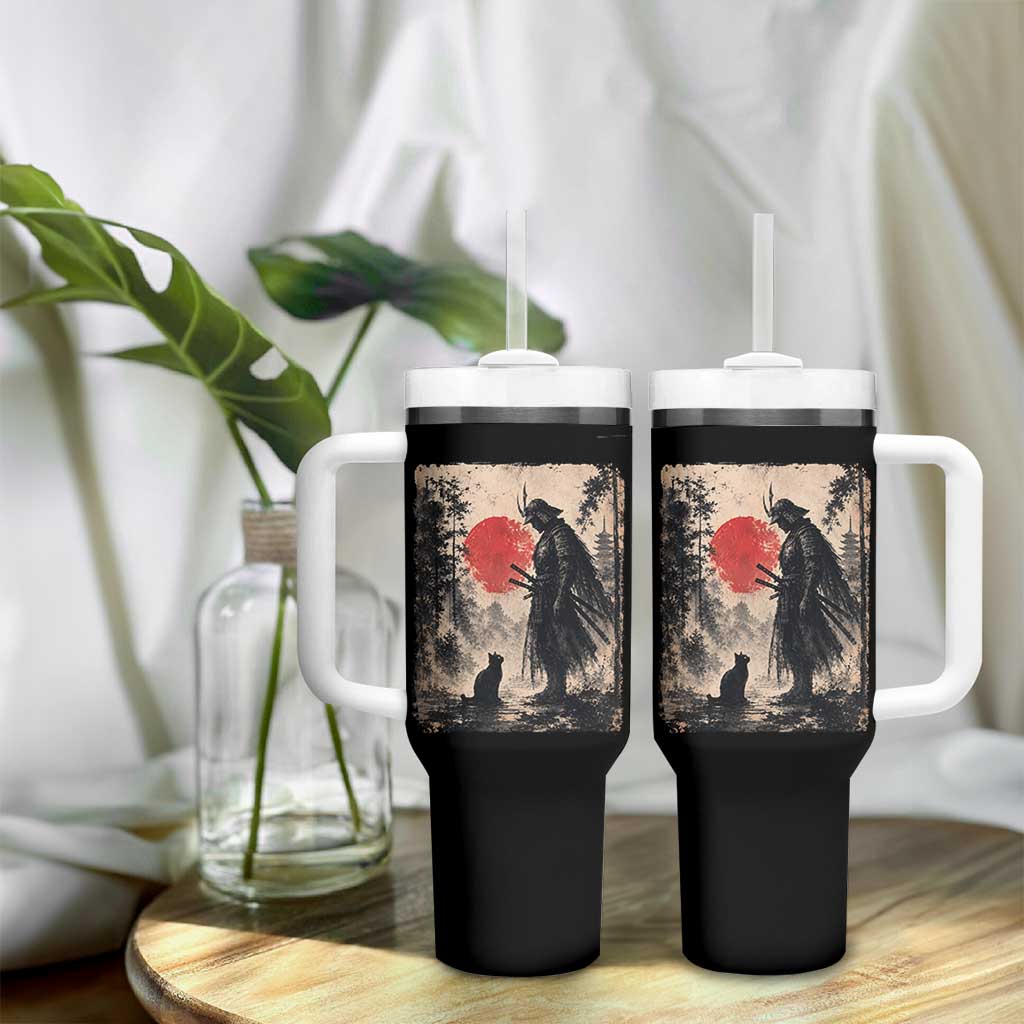 Vintage Japanese Samurai Warrior and Black Cat Tumbler With Handle