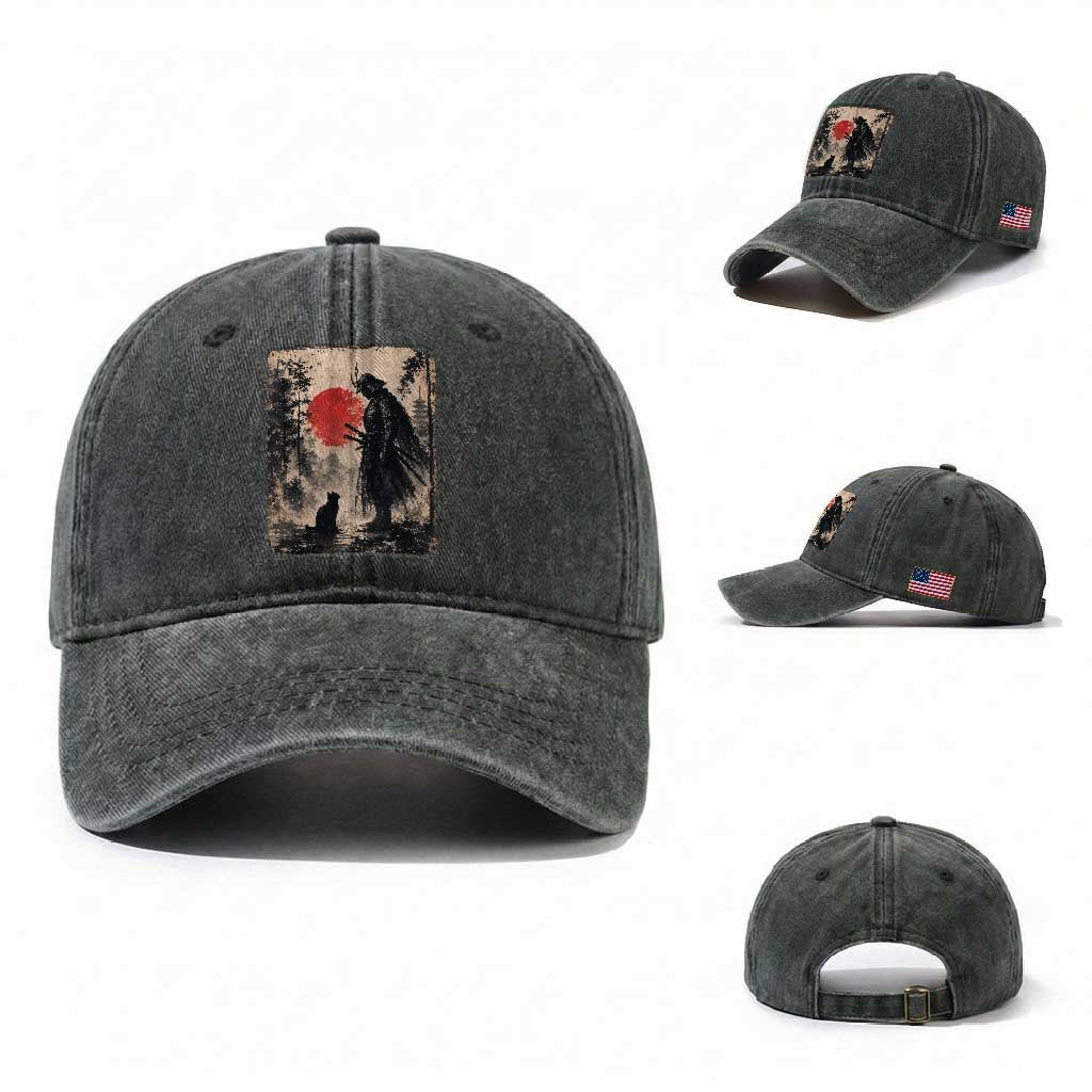 Vintage Japanese Samurai Warrior and Black Cat Washed Cotton Baseball Cap