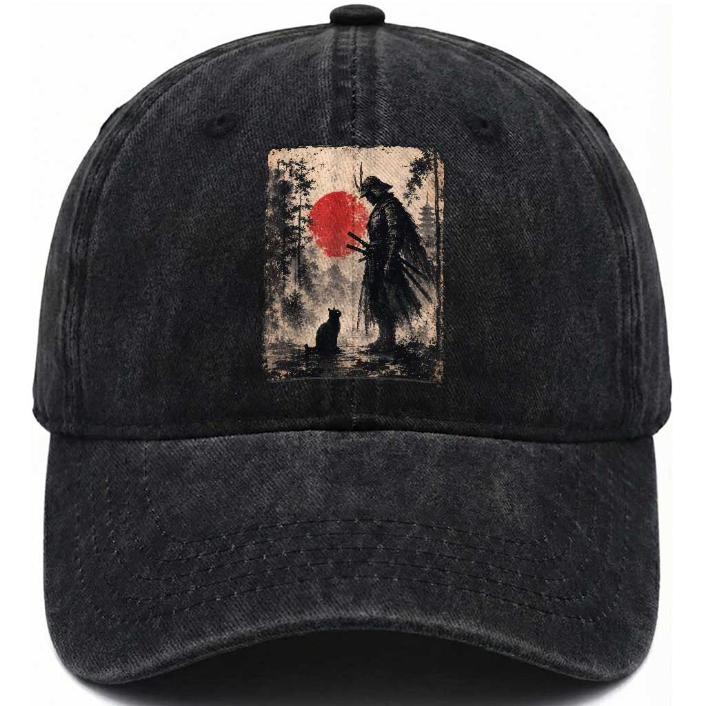 Vintage Japanese Samurai Warrior and Black Cat Washed Cotton Baseball Cap