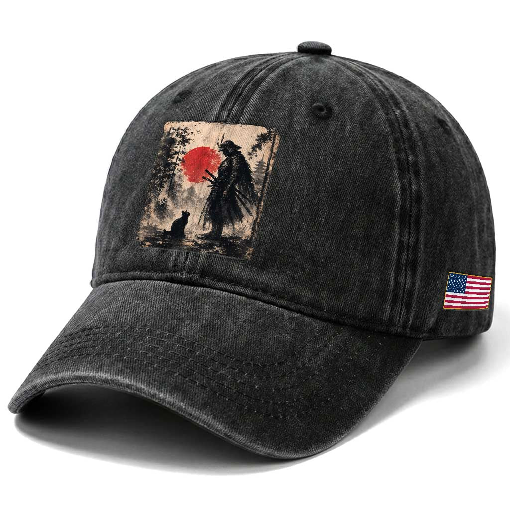 Vintage Japanese Samurai Warrior and Black Cat Washed Cotton Baseball Cap