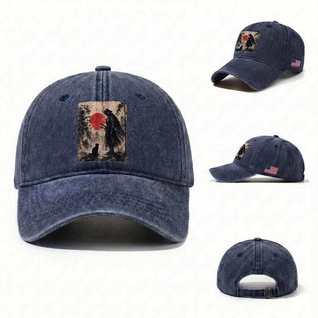 Vintage Japanese Samurai Warrior and Black Cat Washed Cotton Baseball Cap