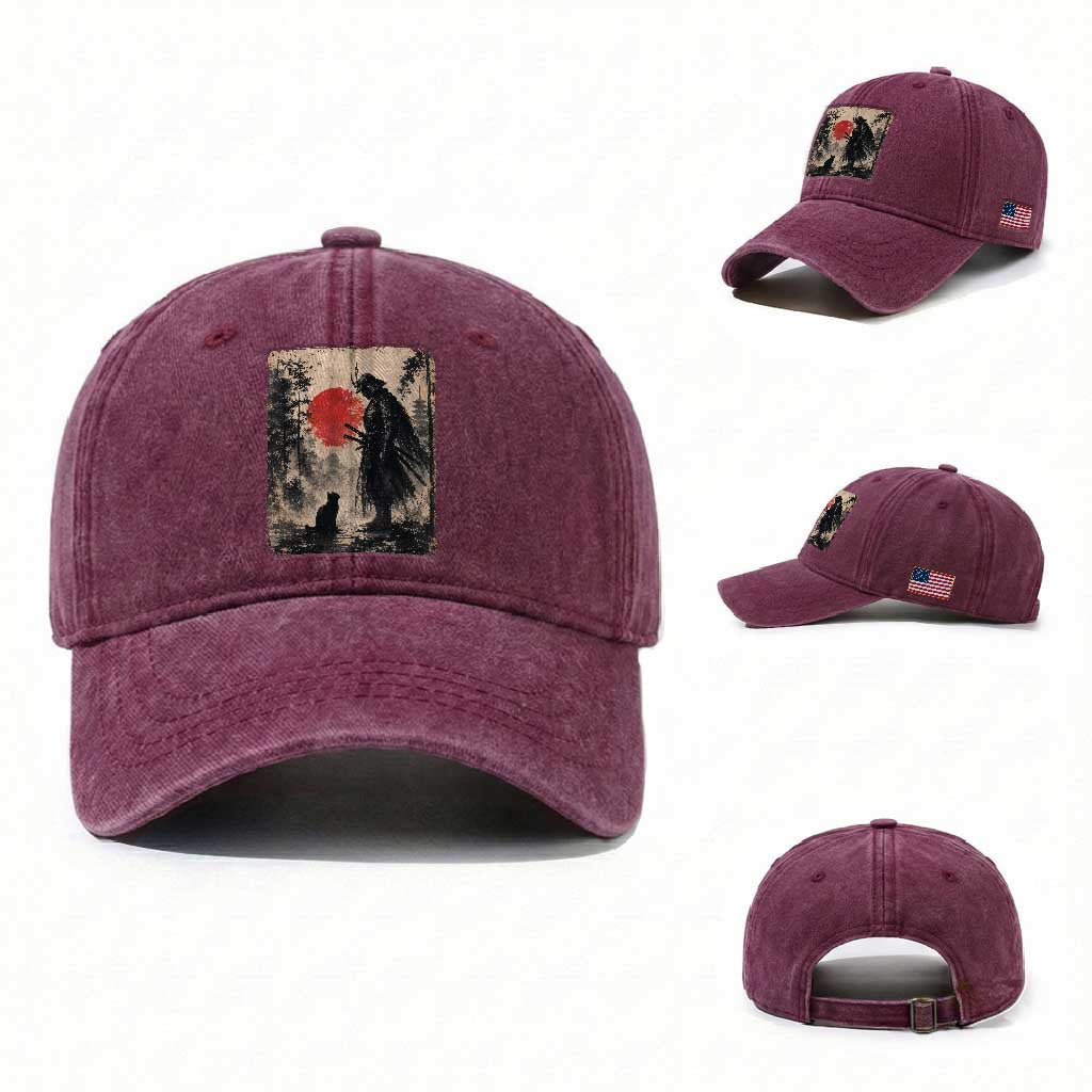 Vintage Japanese Samurai Warrior and Black Cat Washed Cotton Baseball Cap