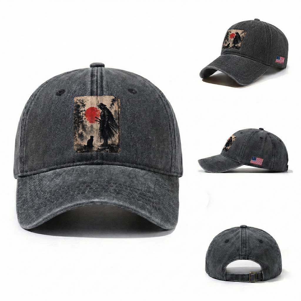 Vintage Japanese Samurai Warrior and Black Cat Washed Cotton Baseball Cap
