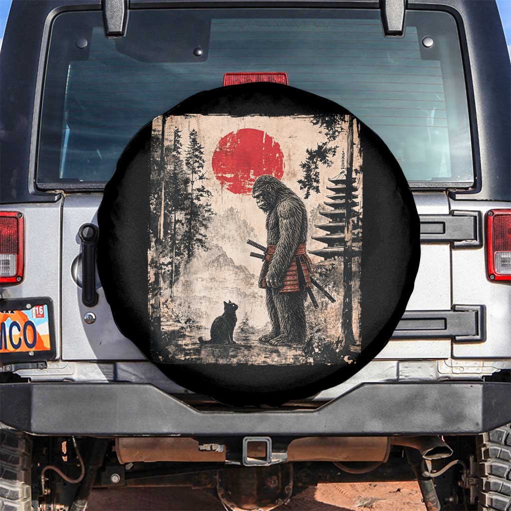 Vintage Japanese Art Bigfoot Samurai Warrior and Black Cat Spare Tire Cover Sasquatch Lovers Vintage Graphic Ukiyo-e Art