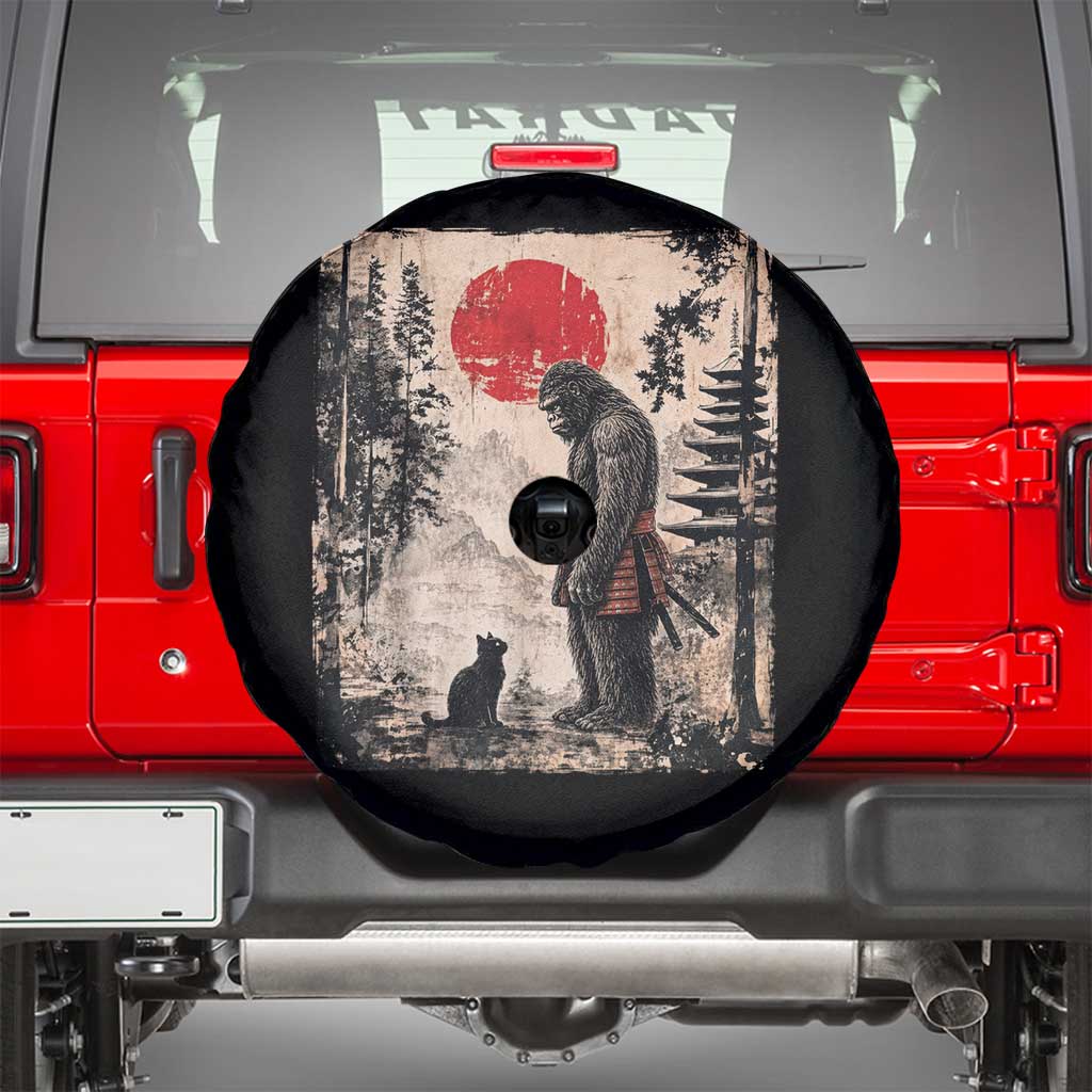 Vintage Japanese Art Bigfoot Samurai Warrior and Black Cat Spare Tire Cover Sasquatch Lovers Vintage Graphic Ukiyo-e Art