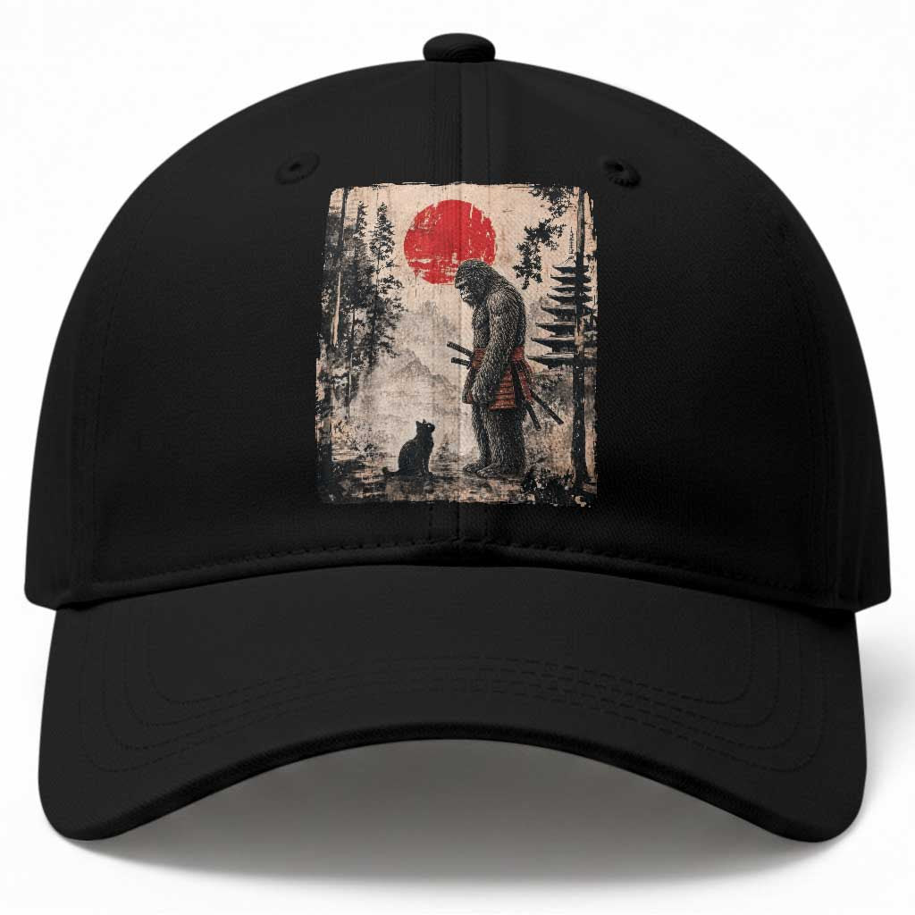 Vintage Japanese Art Bigfoot Samurai Warrior and Black Cat Baseball Cap Sasquatch Lovers Vintage Graphic Ukiyo-e Art
