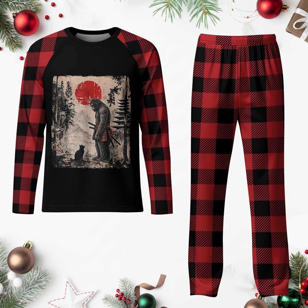 Vintage Japanese Art Bigfoot Samurai Warrior and Black Cat Plaid Pajama Set Sasquatch Lovers Vintage Graphic Ukiyo-e Art