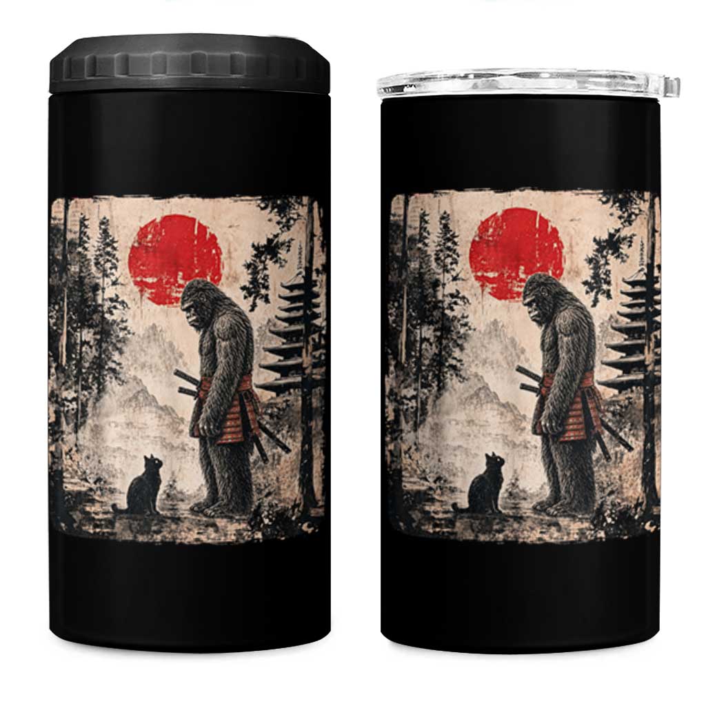 Vintage Japanese Art Bigfoot Samurai Warrior and Black Cat 4 in 1 Can Cooler Tumbler Sasquatch Lovers Vintage Graphic Ukiyo-e Art