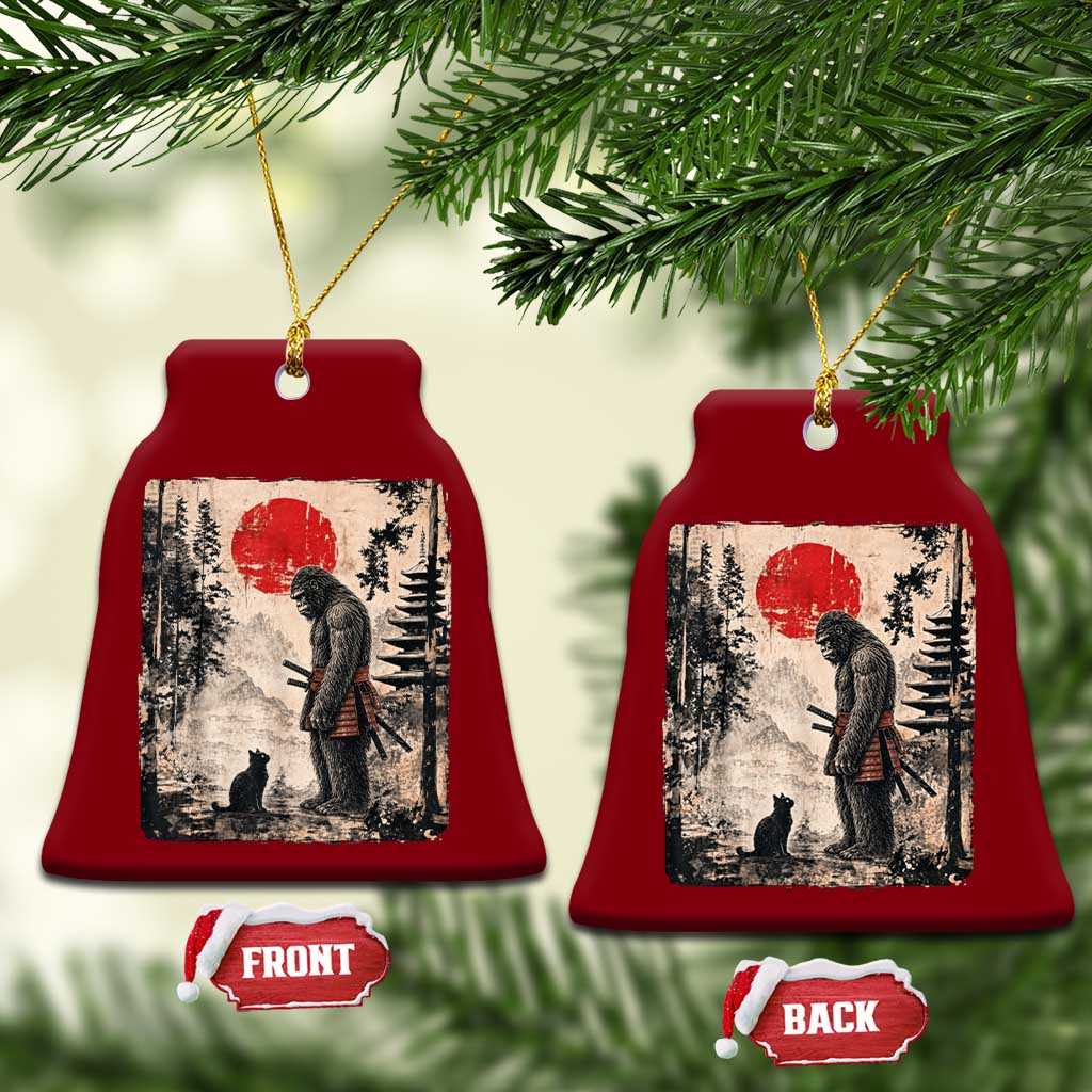 Vintage Japanese Art Bigfoot Samurai Warrior and Black Cat Ceramic Ornament Sasquatch Lovers Vintage Graphic Ukiyo-e Art