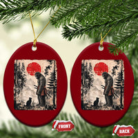 Vintage Japanese Art Bigfoot Samurai Warrior and Black Cat Ceramic Ornament Sasquatch Lovers Vintage Graphic Ukiyo-e Art