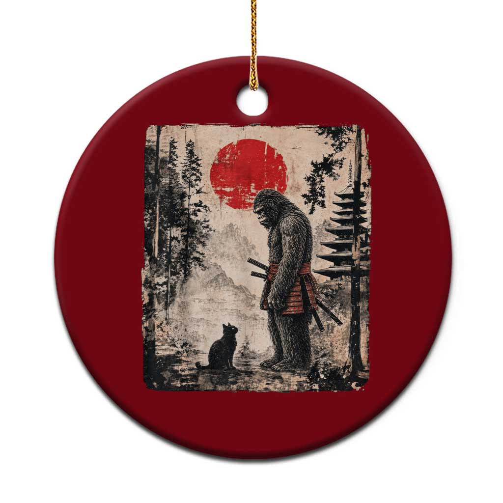 Vintage Japanese Art Bigfoot Samurai Warrior and Black Cat Ceramic Ornament Sasquatch Lovers Vintage Graphic Ukiyo-e Art