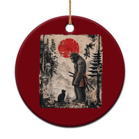 Vintage Japanese Art Bigfoot Samurai Warrior and Black Cat Ceramic Ornament Sasquatch Lovers Vintage Graphic Ukiyo-e Art