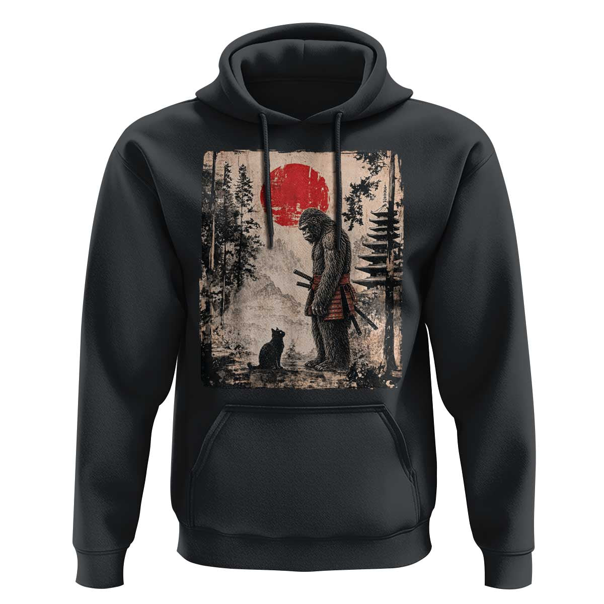 Vintage Japanese Art Bigfoot Samurai Warrior and Black Cat Hoodie Sasquatch Lovers Vintage Graphic Ukiyo-e Art