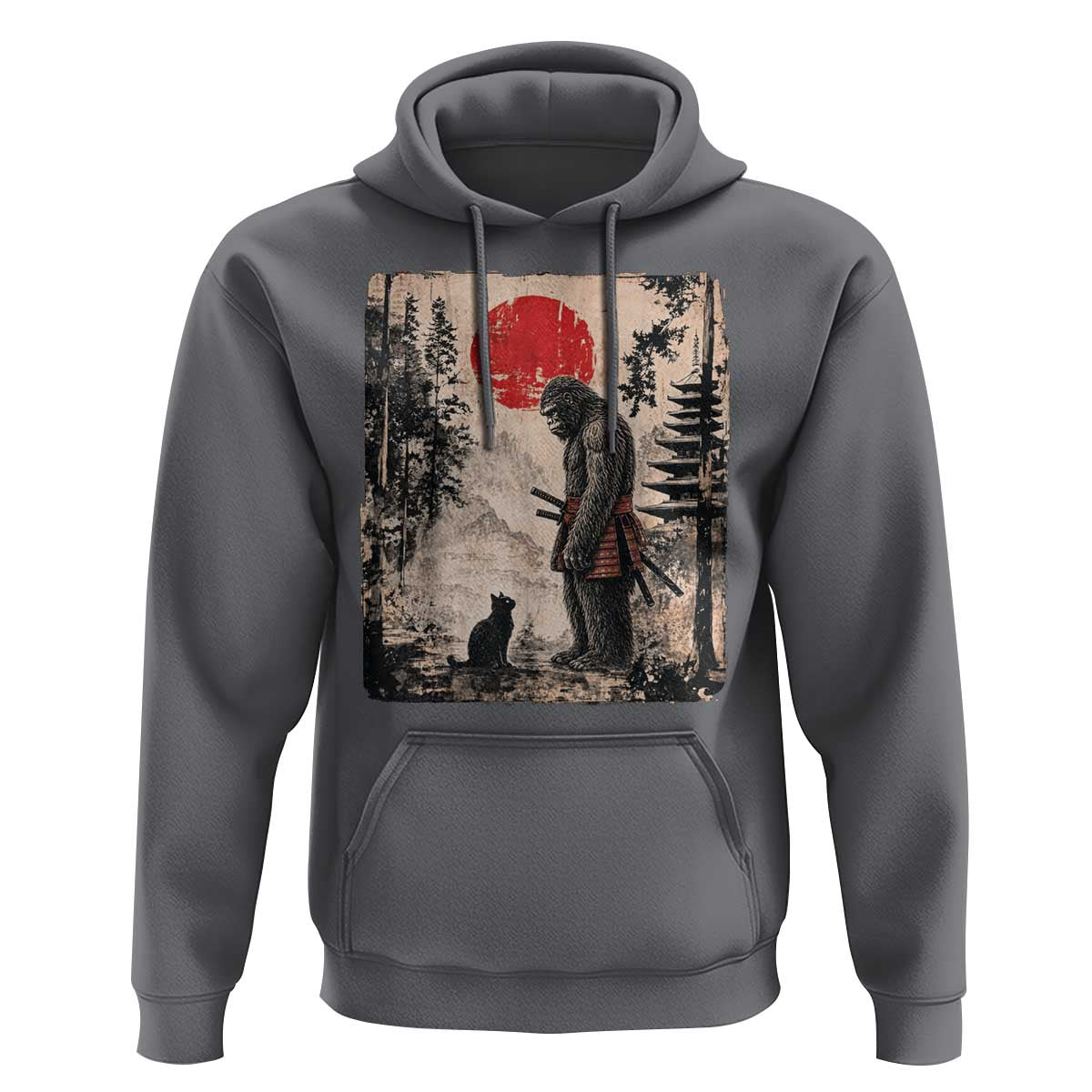 Vintage Japanese Art Bigfoot Samurai Warrior and Black Cat Hoodie Sasquatch Lovers Vintage Graphic Ukiyo-e Art